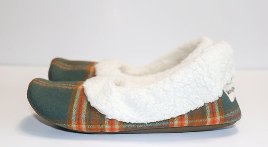 grey green and orange plaid flannel slippers with sherpa lining