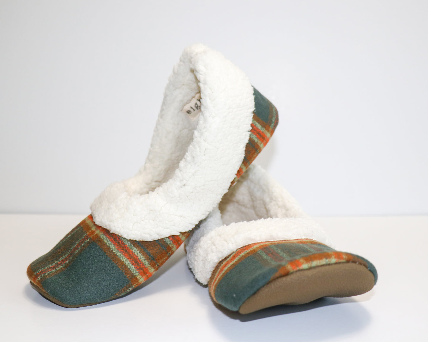 grey green and orange plaid flannel slippers with sherpa lining