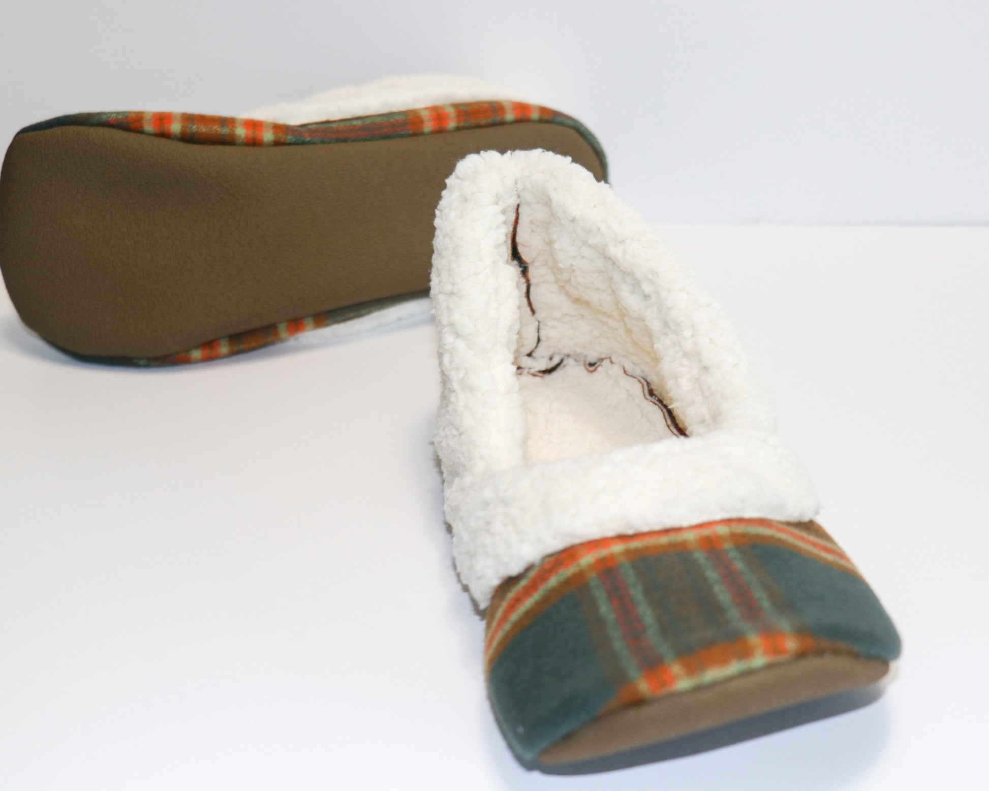 grey green and orange plaid flannel slippers with sherpa lining and brown neoprene soles