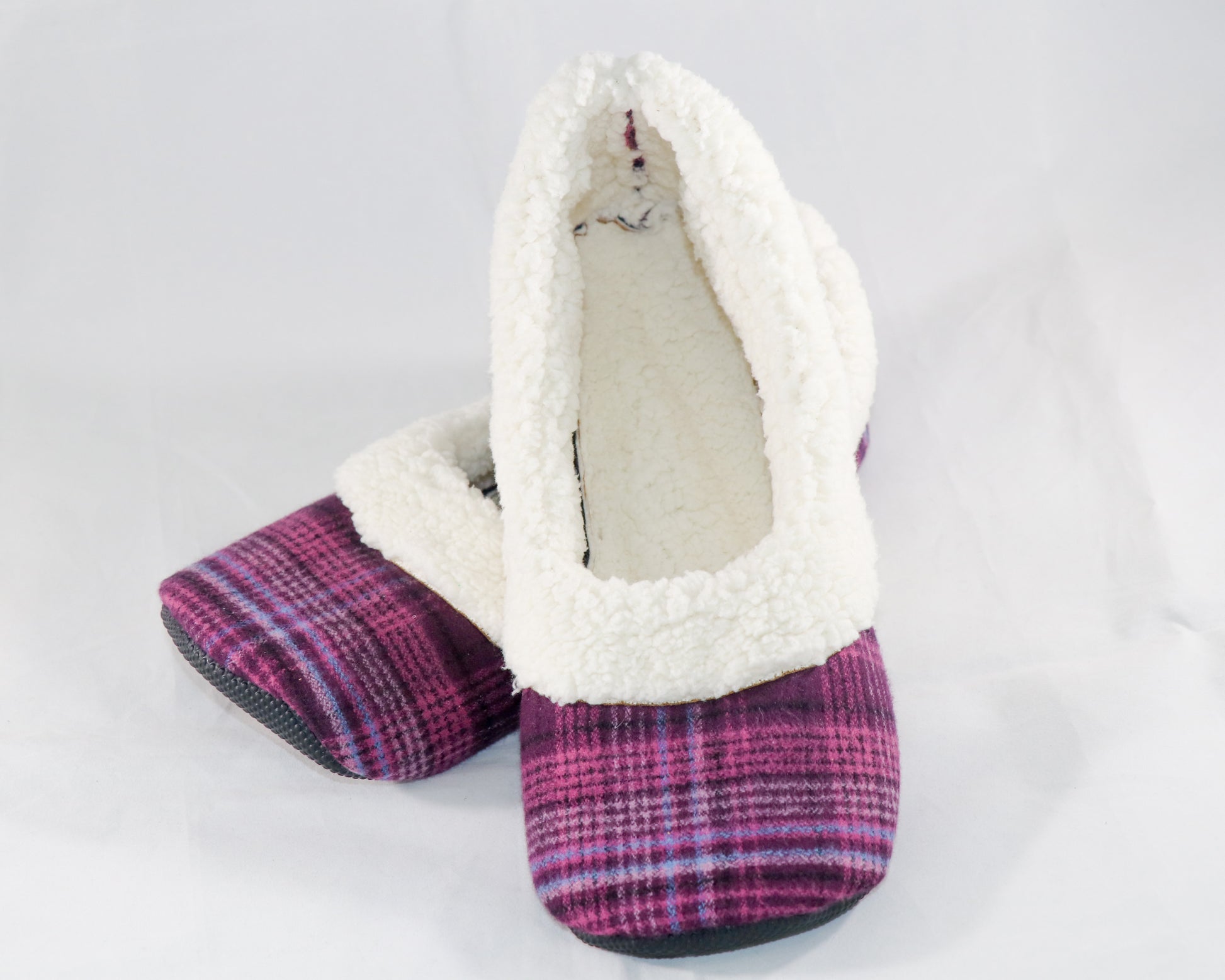 magenta plaid flannel slippers with sherpa lining