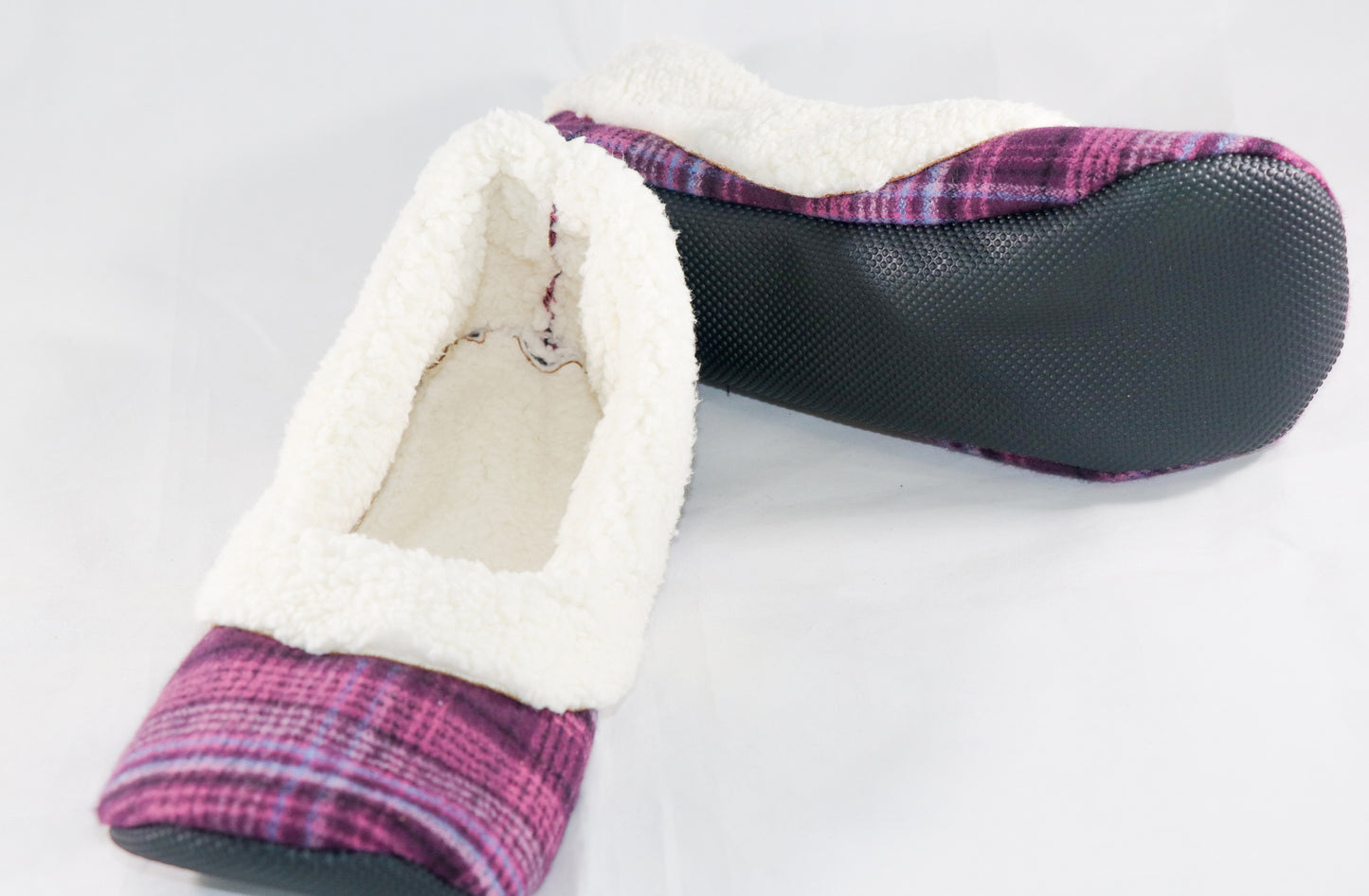 magenta plaid flannel slippers with sherpa lining and black neoprene soles